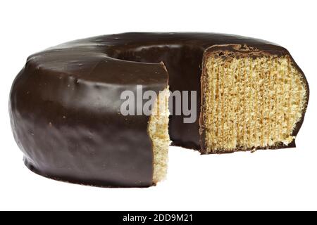 chocolate coated German Baumkuchen isolated on white background Stock Photo