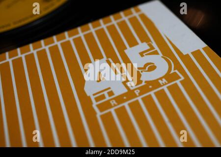 Viersen, Germany - May 9. 2020: Close up of isolated vinyl record single cover with 45 rpm Stock Photo