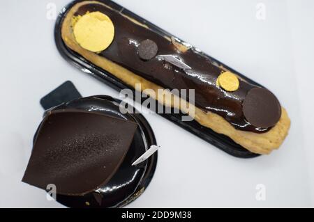 Traditional French pastries and Éclairs with the chocolate.Modern dessert, Stock Photo