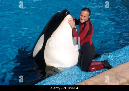 NO FILM, NO VIDEO, NO TV, NO DOCUMENTARY - Dawn Brancheau, a whale trainer at SeaWorld Adventure Park, shown performing at the SeaWorld Shamu Stadium in Orlando, Florida, USA on December 30, 2005, was killed in an accident with a killer whale on Wednesday, February 24, 2010. Photo by Julie Fletcher/Orlando Sentinel/MCT/ABACAPRESS.COM Stock Photo