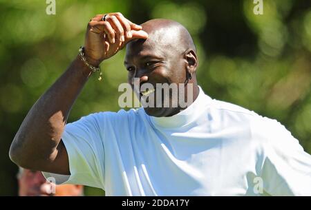 NO FILM, NO VIDEO, NO TV, NO DOCUMENTARY - Charlotte Bobcats majority team owner Michael Jordan react to his drive from the 14th tee box Wednesday during the Pro Am at the Quail Hollow Club in Charlotte, NC, USA on April 29, 2010. Photo by Jeff Siner/Charlotte Observer/MCT/Cameleon/ABACAPRESS.COM Stock Photo
