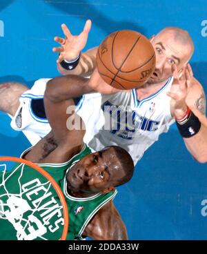 NO FILM, NO VIDEO, NO TV, NO DOCUMENTARY - Orlando Magic center Marcin Gortat (13) and Boston Celtics center Kentrick Perkins (43) battle for a rebound during the Magic's 92-88 loss to the Celtics in Game 1 of the NBA's Eastern Conference Finals at Amway Arena in Orlando, FL, USA on May 16, 2010. Photo by Gary W. Green/Orlando Sentinel/MCT/Cameleon/ABACAPRESS.COM Stock Photo