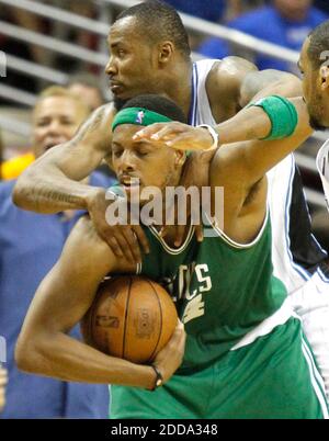 NO FILM, NO VIDEO, NO TV, NO DOCUMENTARY - Orlando Magic forward Rashard Lewis, back, fouls Boston Celtics forward Paul Pierce during Game 1 of the NBA Eastern Conference Finals at Amway Arena in Orlando, FL, USA on May 16, 2010. Photo by Stephen M. Dowell/Orlando Sentinel/MCT/Cameleon/ABACAPRESS.COM Stock Photo