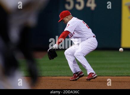 NO FILM, NO VIDEO, NO TV, NO DOCUMENTARY - Philadelphia Phillies infielder Placido Polanco could not handle a grounder off the bat of Pittsburgh Pirates' Andy LaRouche in the fifth inning in Philadelphia, PA, USA on May 18, 2010. Photo by Ron Cortes/Philadelphia Inquirer/MCT/Cameleon/ABACAPRESS.COM Stock Photo