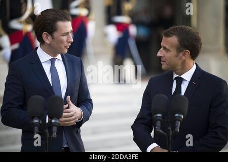 French President Emmanuel Macron (R) delivers a press conference with Austrian Chancellor Sebastian Kurz after a statement following a meeting at the Elysee Palace in Paris on September 17, 2018. Photo by ELIOT BLONDET/ABACAPRESS.COM Stock Photo