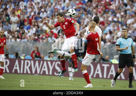 France's Olivier Giroud battles Denmark's Andreas Christensen during the 2018 FIFA World Cup Russia game, France vs Denmark in Luznhiki Stadium, Moscow, Russia on June 26, 2018. France and Denmark drew 0-0. Photo by Henri Szwarc/ABACAPRESS.COM Stock Photo