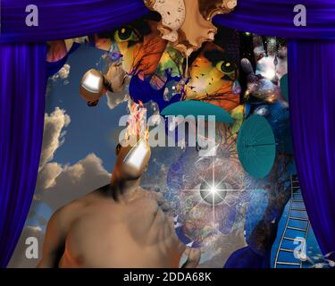 Surreal figure with burning mind and other symbolic elements. 3D rendering Stock Photo