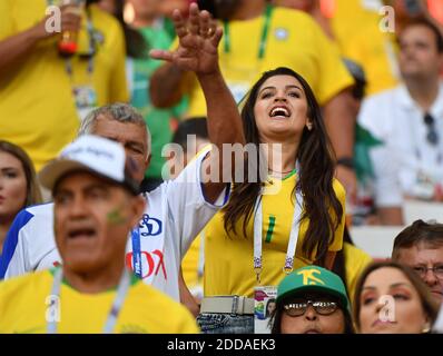 Natalia Loewe Becker, the wife of 25-year-old Brazil goalkeeper Alisson Becker at FIFA World Cup Brazil v Serbia match at Spartak Stadium, Moscow, Russia on June 27, 2018. Photo by Christian Liewig/ABACAPRESS.COM Stock Photo