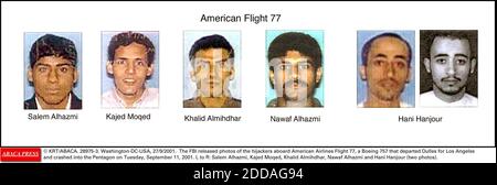NO FILM, NO VIDEO, NO TV, NO DOCUMENTARY - © KRT/ABACA. 28975-3. Washington-DC-USA, 27/9/2001. The FBI released photos of the hijackers aboard American Airlines Flight 77, a Boeing 757 that departed Dulles for Los Angeles and crashed into the Pentagon on Tuesday, September 11, 2001. L to R: Salem Stock Photo