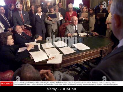 NO FILM, NO VIDEO, NO TV, NO DOCUMENTARY - © Harry Hamburg/KRT/ABACA. 29556-5. Washington-DC-USA. 16/10/01. Senate Judiciary Committee Chairman Sen. Pat Leahy conducts a hearing in the President's Room of the Capitol rather than the Committee's usual room in the Dirksen Office building, which was Stock Photo