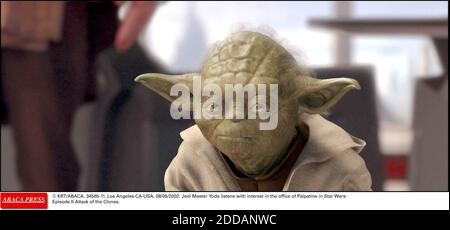 NO FILM, NO VIDEO, NO TV, NO DOCUMENTARY - © KRT/ABACA. 34565-11. Los Angeles-CA-USA, 08/05/2002. Jedi Master Yoda listens with interest in the office of Palpatine in Star Wars: Episode II Attack of the Clones. Stock Photo