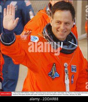 NO FILM, NO VIDEO, NO TV, NO DOCUMENTARY - © Red Huber/KRT/ABACA. 41924-1. Kennedy Space Center-FL-USA. 16/01/2003 .Ilan Ramon, first Israeli astronaut, heads to the space shuttle with other members of the crew before launch Thursday, January 16, 2003. Stock Photo