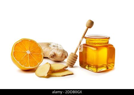 Ingredients for healthy ginger tea isolated on white. Clipping path included Stock Photo