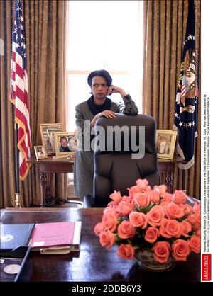 NO FILM, NO VIDEO, NO TV, NO DOCUMENTARY - National Security Advisor Dr. Condoleezza Rice stands in the Oval Office on Februray 18, 2004. Rice has been cleared by the White House to give sworn testimony before the September 11 Commission. Photo by Chuck Kennedy/KRT/ABACA. Stock Photo