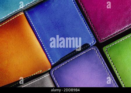 Handmade leather men's wallet. Multi-colored texture. Leather craft Stock Photo
