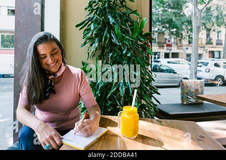 https://l450v.alamy.com/450v/2ddba41/smiling-woman-writing-in-diary-while-sitting-with-fresh-juice-at-table-in-bar-2ddba41.jpg