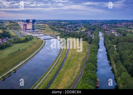 Belgium, Hainaut Province, Aerial view of Canal du Centre and Strepy-Thieu boat lift Stock Photo