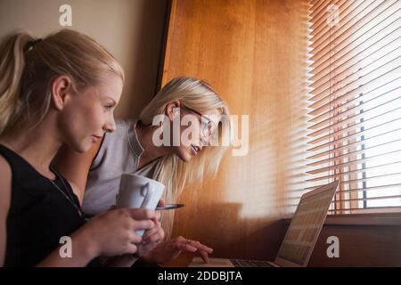 Young female colleagues discussing over laptop while working at home Stock Photo