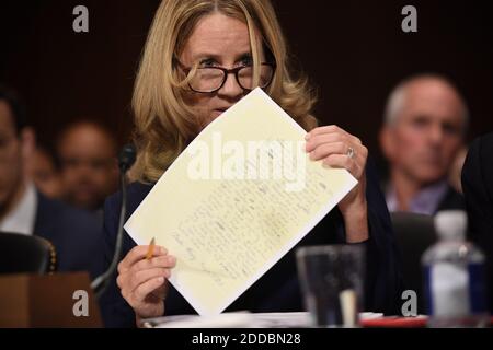 Christine Blasey Ford, the woman accusing Supreme Court nominee Brett Kavanaugh of sexually assaulting her at a party 36 years ago, testifies before the US Senate Judiciary Committee on Capitol Hill in Washington, DC, September 27, 2018. Photo by Saul Loeb/Pool/ABACAPRESS.COM Stock Photo