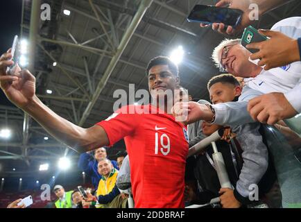 England’s Marcus Rashford takes selfies with fans at the end of the 1/8 Final Game between Colombia and England at the 2018 FIFA World Cup in Moscow, Russia on July 3rd, 2018. Photo by Christian Liewig/ABACAPRESS.COM Stock Photo