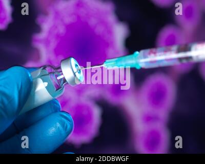 Hand in surgical glove holding vaccine for global pandemic Stock Photo