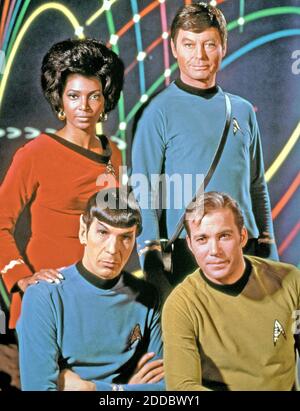 NO FILM, NO VIDEO, NO TV, NO DOCUMENTARY - File photo : In this photograph, part of the original cast of 'Star Trek' includes Nichelle Nichols, top left, DeForest Kelley, top right, Leonard Nimoy, bottom left, and William Shatner. The World famous TV Show 'Star Trek' will be 40 years old on September 8, 2006. US actor Leonard Nimoy, who played Mr Spock in the cult sci-fi series Star Trek, has died at the age of 83 in Los Angeles, his family has said. His son, Adam, said he died of end-stage chronic obstructive pulmonary disease on Friday morning. Photo by MCT/ABACAPRESS.COM Stock Photo