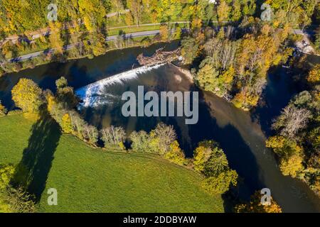 Aerial view of weir on river Loisach in autumn Stock Photo