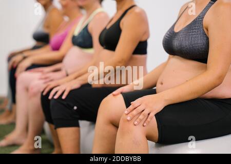 Midsection of pregnant woman sitting on fitness ball Stock Photo