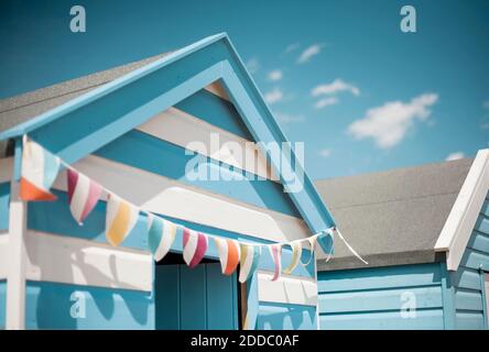 Close-up of beach huts on sunny day Stock Photo