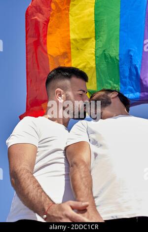 Gay couple kissing while standing under rainbow flag during sunny day Stock Photo