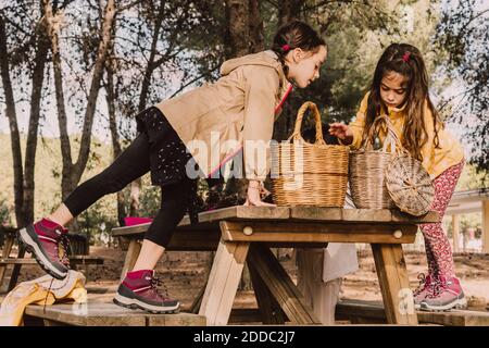 Sisters with wicker baskets at picnic table in park Stock Photo