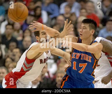 NO FILM, NO VIDEO, NO TV, NO DOCUMENTARY - Toronto Raptors Jose Calderon, left, defends against New York Knicks shooting guard Jeremy Lin, right, during first half action at the Air Canada Centre, in Toronto, Canada on Tuesday, February 14, 2012. Photo by Peter J. Thompson/Postmedia News/MCT/ABACAPRESS.COM Stock Photo