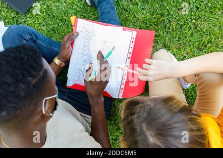 Friends sitting on grass while studying together in university campus Stock Photo