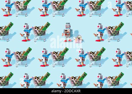 Pattern of vintage robot toys pushing miniature shopping carts with single one standing with basket instead Stock Photo