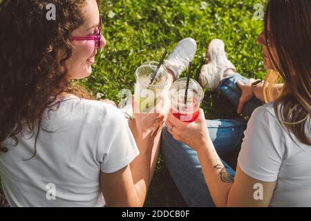 Women toasting fresh lemonade in disposable cups at park on sunny day Stock Photo