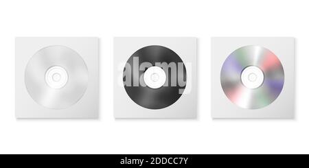 Vector 3d Realistic White, Black and Multicolor CD, DVD in Paper, Plastic Case, Package, Envelope Set Closeup Isolated on White Background. Design Stock Vector