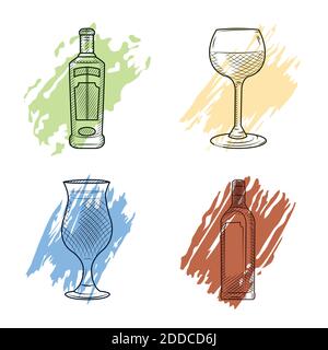 colorful design of vodka bottle and alcoholic drinks icon set over white background, sketch style, vector illustration Stock Vector