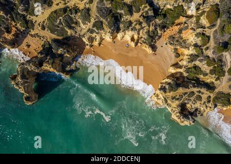 Drone view of empty Praia da Mare das Porcas and Praia da Coelha beaches Stock Photo