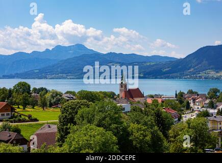 Austria, Upper Austria, Weyregg am Attersee, Rural town on shore of Lake Atter in summer Stock Photo