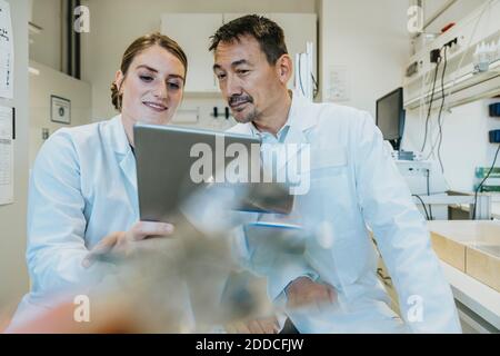 Assistant and scientist using digital tablet while sitting at laboratory Stock Photo