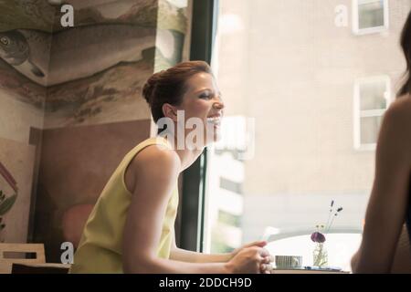 Young businesswoman laughing while discussing with female friend during meeting in coffee shop Stock Photo