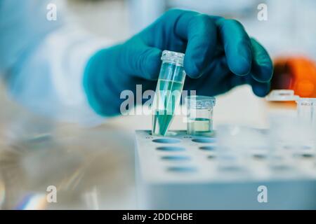Woman wearing protective glove holding test tube while standing at laboratory Stock Photo
