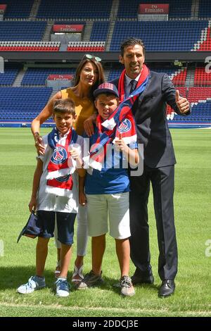 Gianluigi Buffon and his family pose after signing with the Paris Saint-Germain Football Club at Parc des Princes on July 9, 2018 in Paris, France. Photo by Laurent Zabulon/ABACAPRESS.COM Stock Photo
