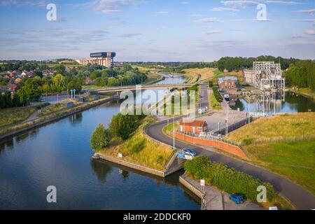 Belgium, Hainaut Province, Aerial view of historical boat lift on Canal du Centre with Strepy-Thieu lift in background Stock Photo