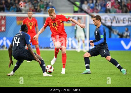 France's Antoine Griezmann and Belgium’s Kevin De Bruyne during the 2018 FIFA World Cup semi-final match France v Belgium in St Petersburg, Russia, July 10, 2018. France won 1-0. Photo by Christian Liewig/ABACAPRESS.COM Stock Photo