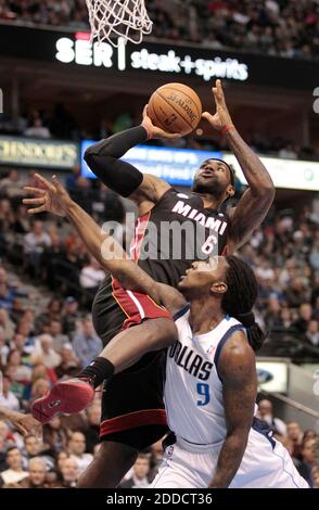 NO FILM, NO VIDEO, NO TV, NO DOCUMENTARY - Miami Heat small forward LeBron James shoots over Dallas Mavericks small forward Jae Crowder during an NBA game at the American Airlines Center in Dallas, TX, USA December 20, 2012. Photo by Ron T. Ennis/Fort Worth Star-Telegram/MCT/ABACAPRESS.COM Stock Photo