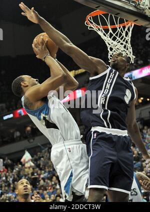 NO FILM, NO VIDEO, NO TV, NO DOCUMENTARY - Oklahoma Thunder City Thunder's Serge Ibaka blocks a shot by Minnesota Timberwolves' Derrick Williams at the Target Center in Minneapolis, MA, USA on December 20, 2012. Timberwolves won, 99-93. Photo by Marlin Levison/Minneapolis Star Tribune/MCT/ABACAPRESS.COM Stock Photo