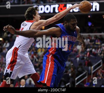 NO FILM, NO VIDEO, NO TV, NO DOCUMENTARY - Washington Wizards small forward Jan Vesely (24) commits an over the top foul while going for the ball against Detroit Pistons power forward Jason Maxiell (54) in the fourth quarter at the Verizon Center in Washington, DC, USA on December 22, 2012. The Pistons defeated the Wizards, 96-87.Photo by Chuck Myers/MCT/ABACAPRESS.COM Stock Photo