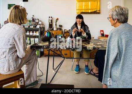 Motoko Dobashi explains the Japanese green tea ceremony to two visitors at a table set with tea utensils at the ANMO tea shop in Düsseldorf, Germany. ANMO was founded in 2017 by Anna Friedel and Motoko Dobashi in the city's Japanese quarter. A gold-toned painting hangs on the wall behind her, and shelves of tea tins and ceramics line the room. Stock Photo