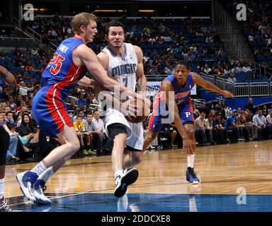 NO FILM, NO VIDEO, NO TV, NO DOCUMENTARY - Orlando Magic guard J.J. Redick drives towards the basket while being guarded by Kyle Singler of the Detroit Pistons at the Amway Center in Orlando, FL, USA on January 27, 2013. The Pistons won 104-102. Photo by Jacob Langston/Orlando Sentinel/MCT/ABACAPRESS.COM Stock Photo